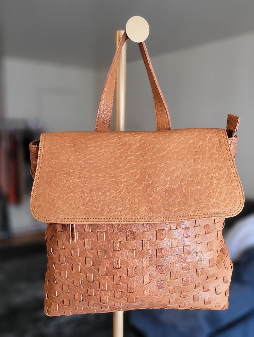 American Darling Tan Basketweave Woven 100% Leather Backpack Adjustable Straps